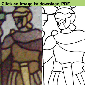Picture of a stain glass soldier in the lobby with a drawing